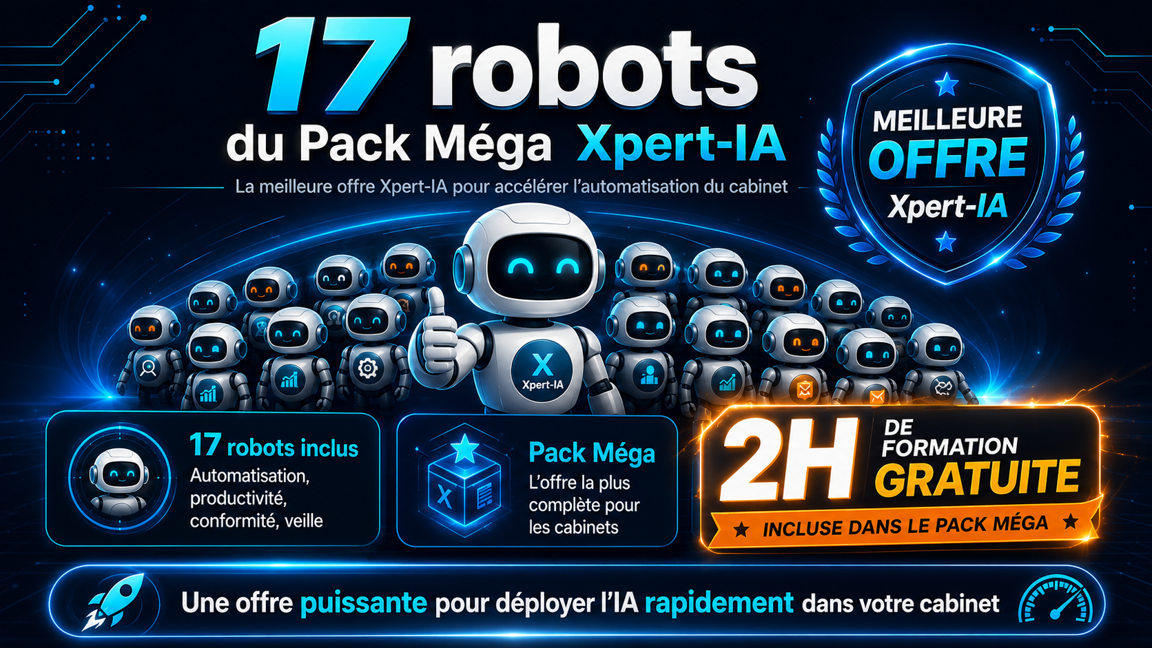 Pack Méga Xpert-iA : 17 robots inclus, la meilleure offre Xpert-iA pour accélérer l'automatisation du cabinet, avec 2h de formation gratuite incluse