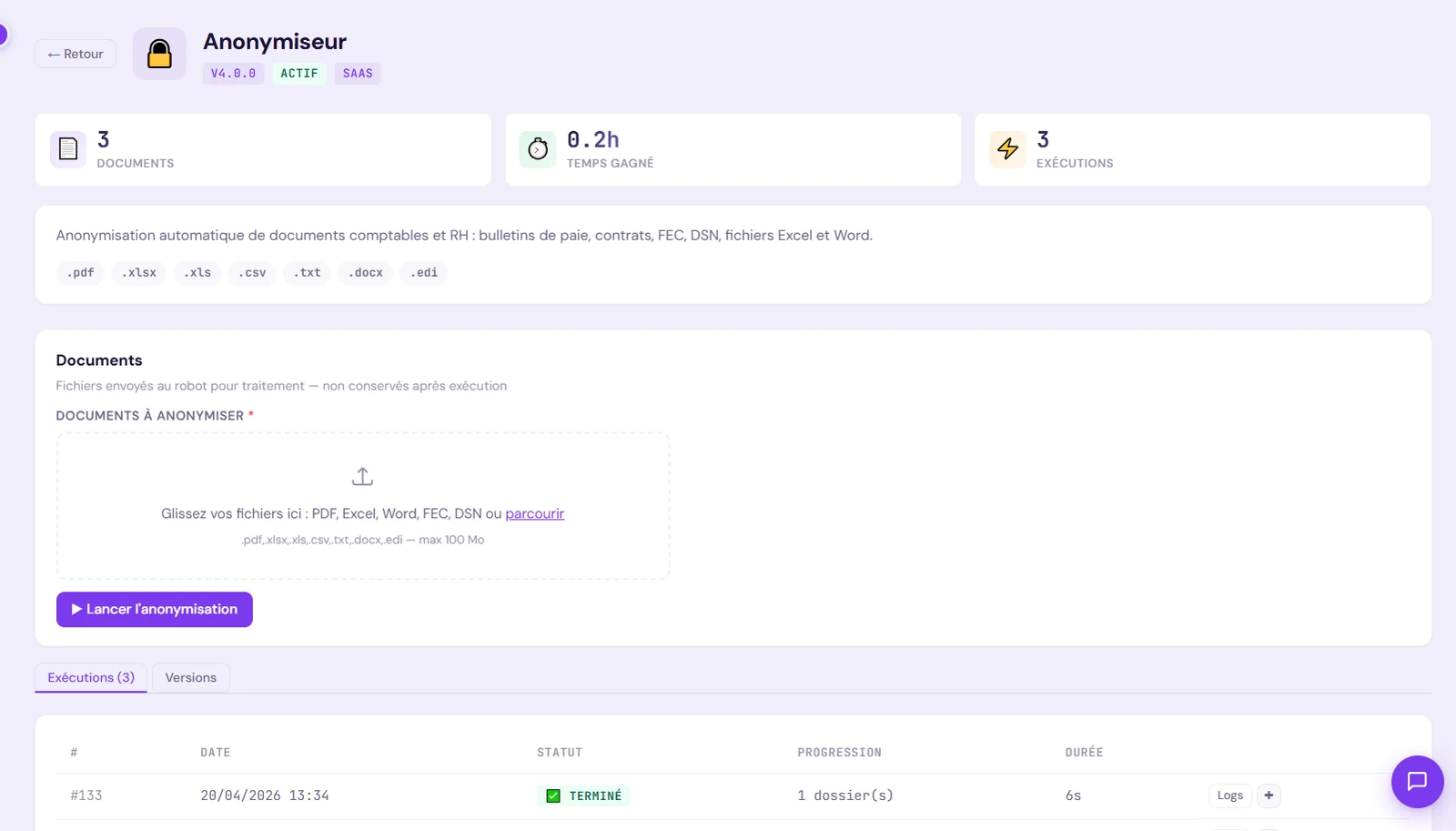 Interface du Robot Anonymiseur dans la plateforme Xpert-iA