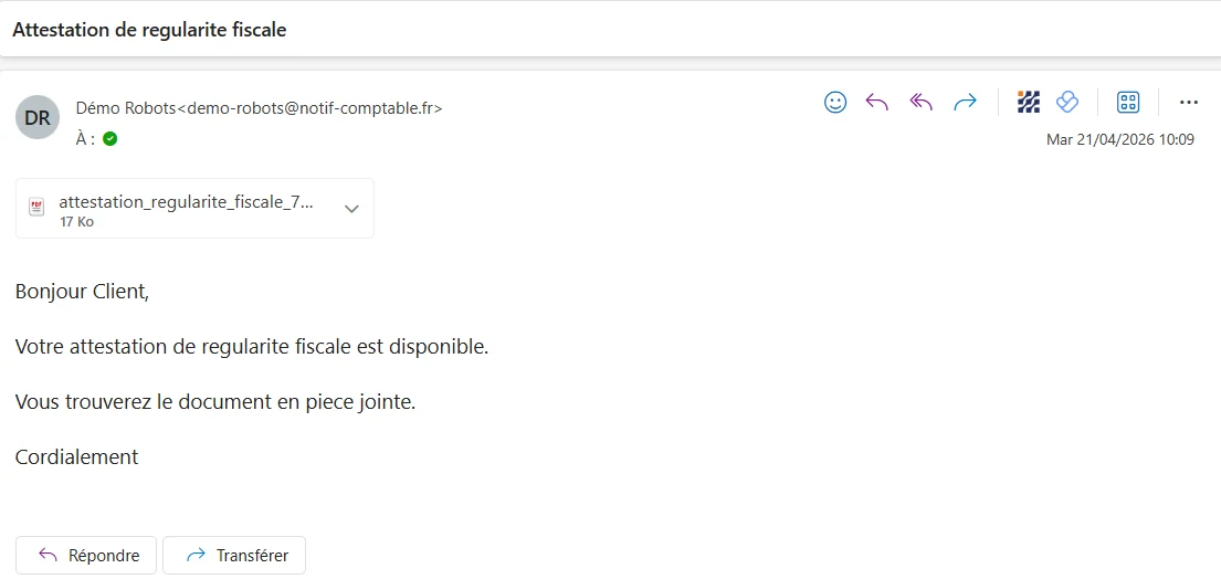 Email au client : attestation de régularité fiscale disponible