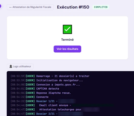 Suivi en temps réel de l’exécution du Robot Attestation de Régularité Fiscale