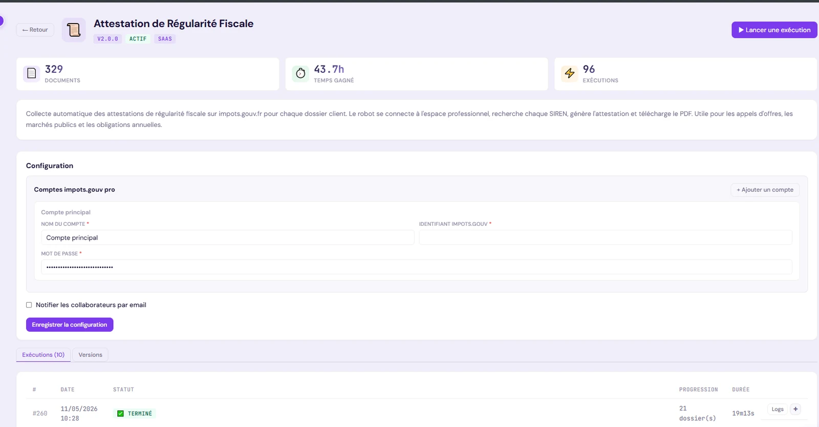 Interface du Robot Attestation de Régularité Fiscale dans la plateforme Xpert-iA