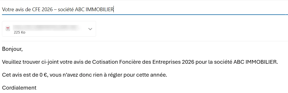 Email au client : avis de CFE à zéro