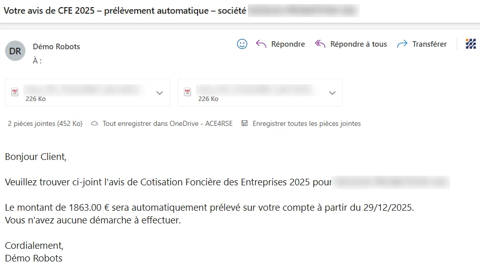 Email au client : avis de CFE avec prélèvement automatique