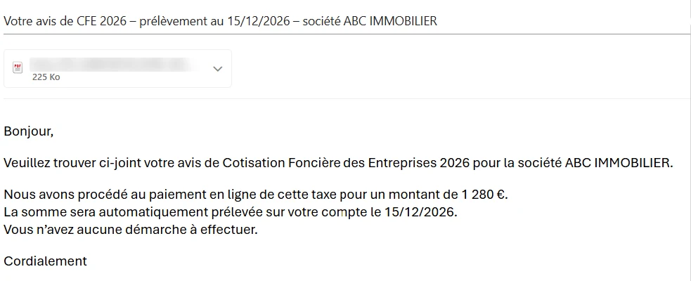 Email au client : avis de CFE avec télépaiement enregistré