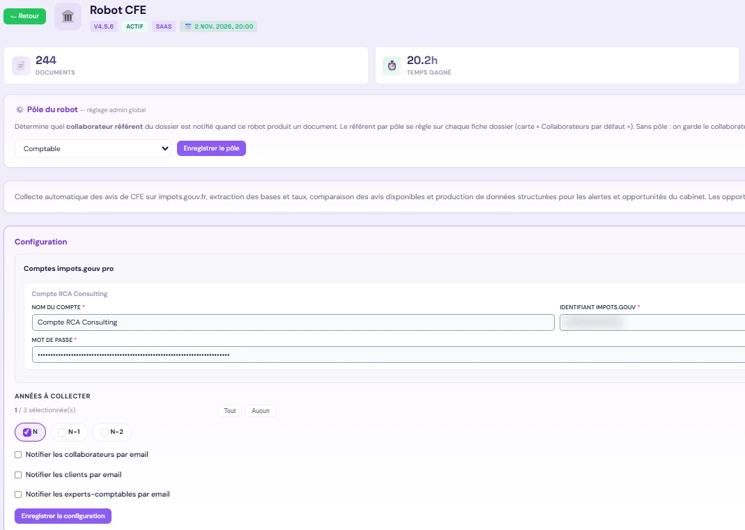 Interface du Robot CFE dans la plateforme Xpert-iA