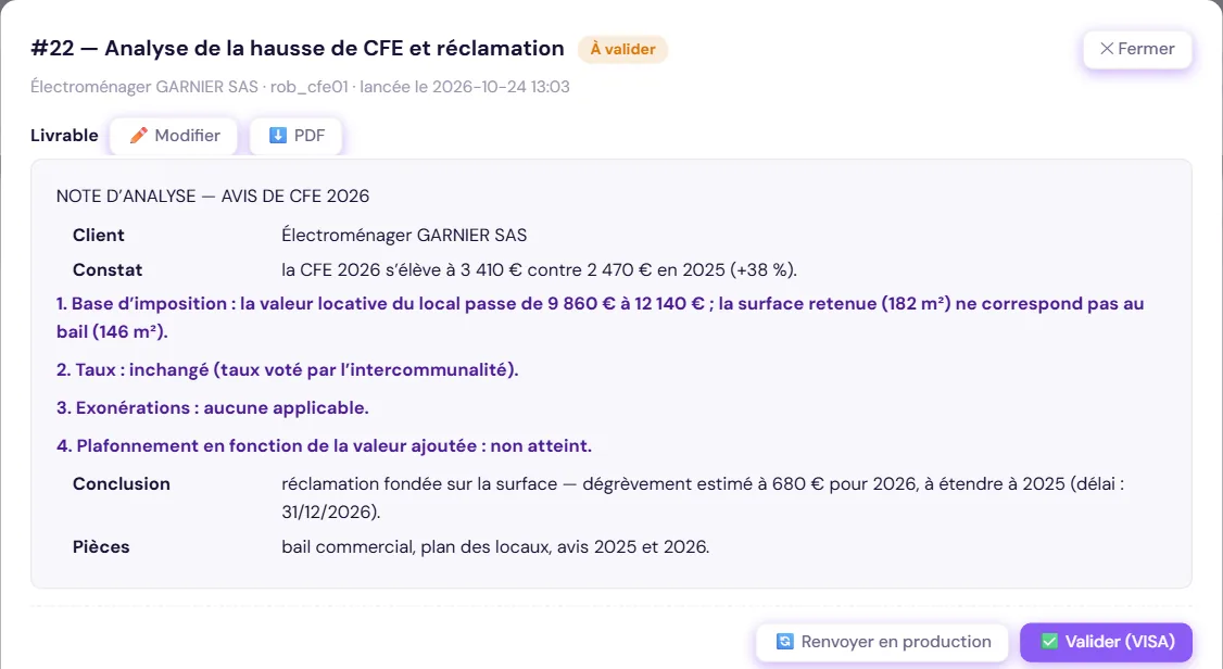 Production de la mission : note d’analyse à viser