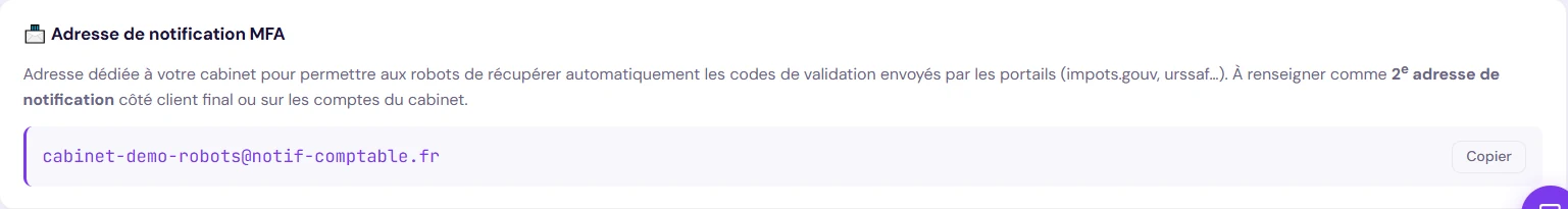 Adresse de notification MFA du cabinet dans la plateforme