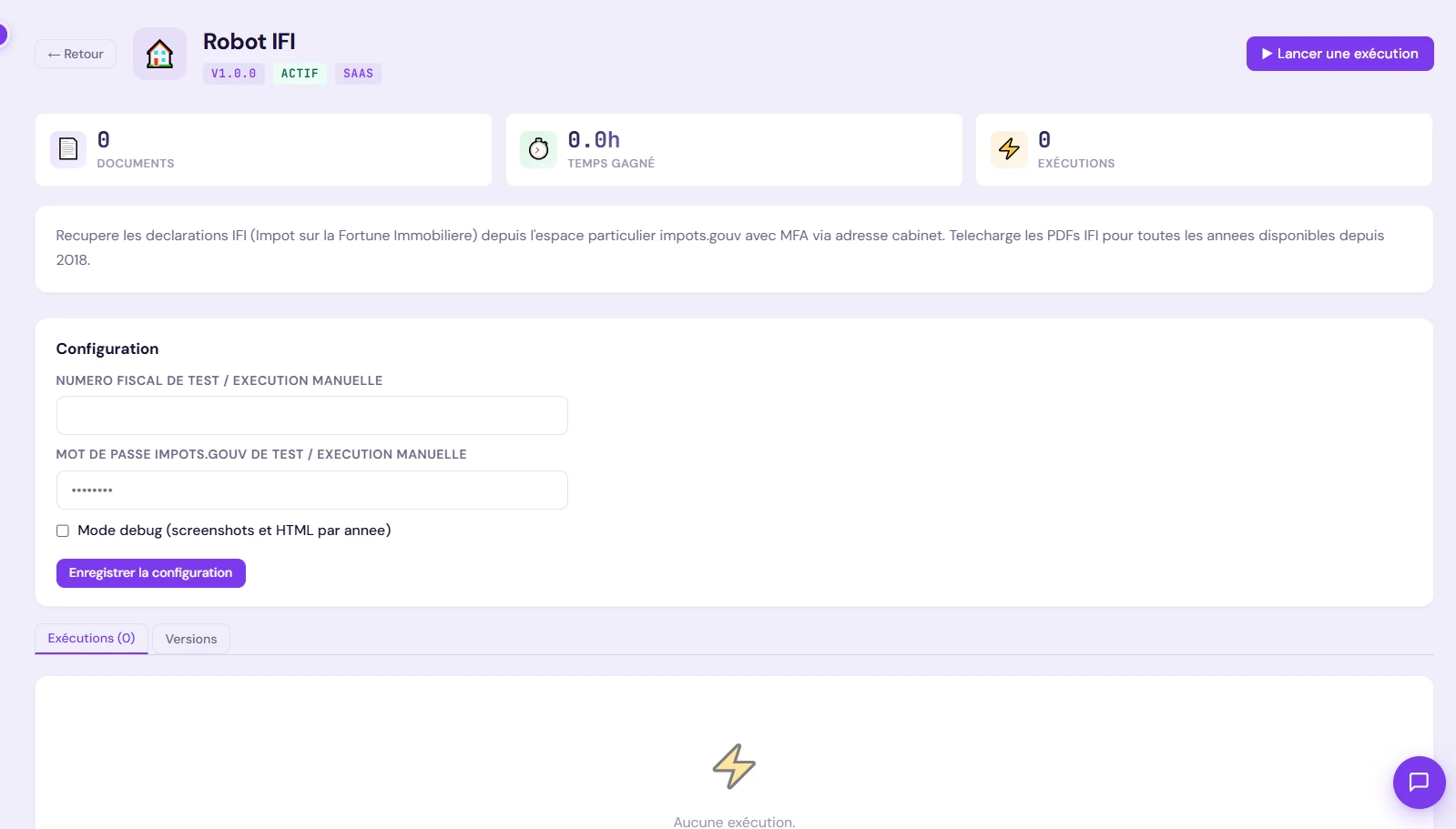 Interface du Robot IFI dans la plateforme Xpert-iA