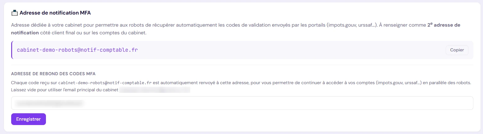 Adresse de notification MFA du cabinet dans la plateforme