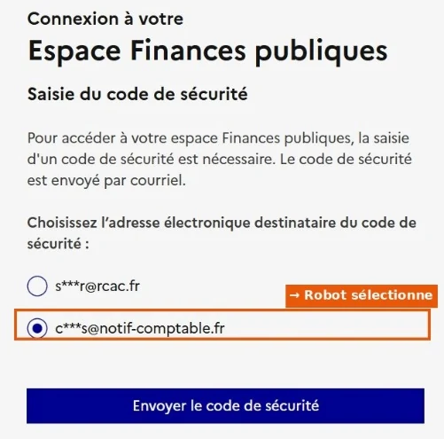 Choix de l’adresse email destinataire du code de sécurité