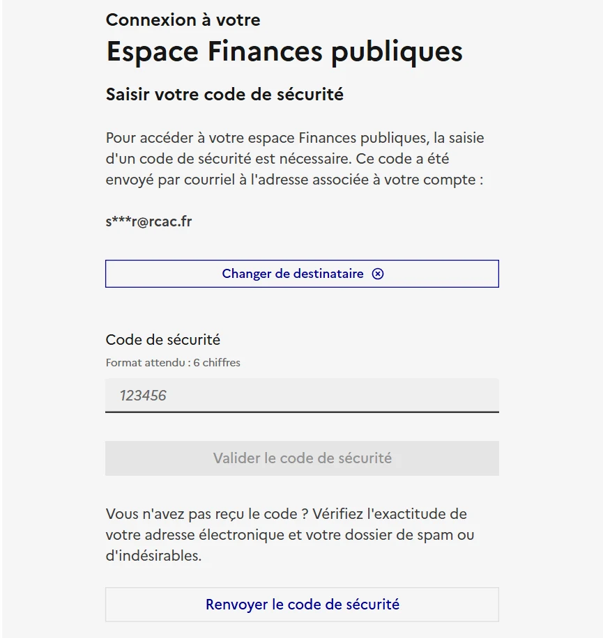 Saisie du code de sécurité à 6 chiffres