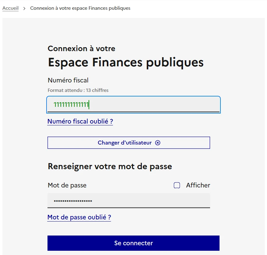 Connexion à l’Espace Finances publiques avec le numéro fiscal