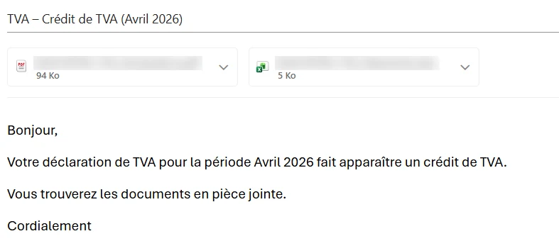 Email au client : crédit de TVA
