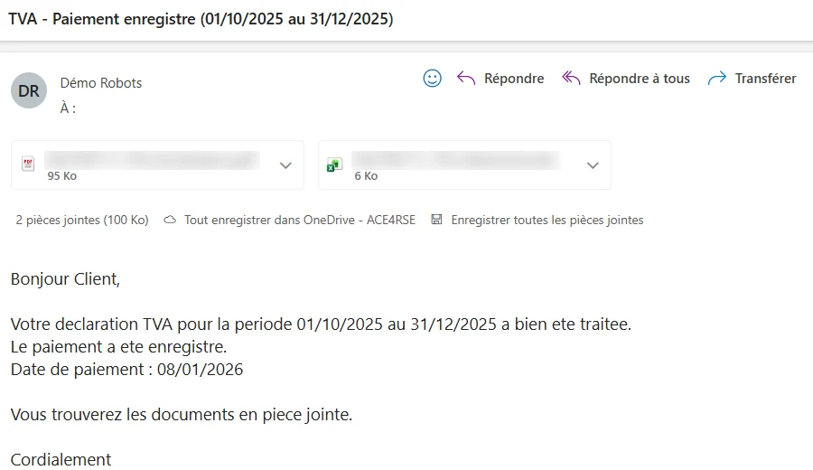 Email au client : paiement de TVA enregistré