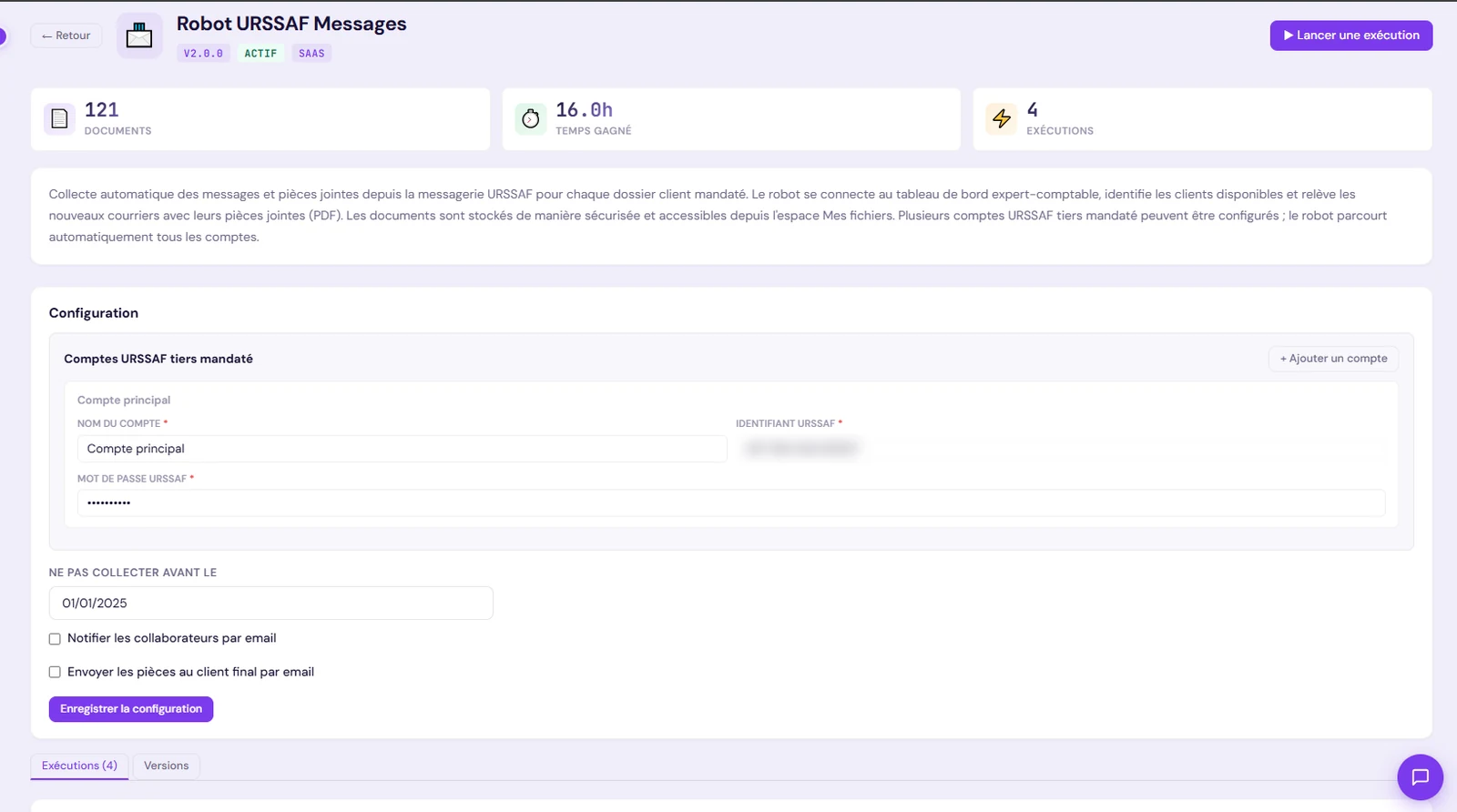 Interface du Robot URSSAF Messages dans la plateforme Xpert-iA